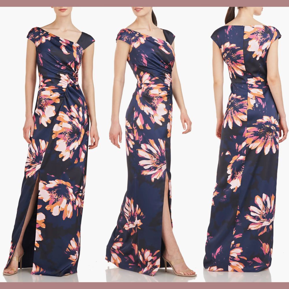 NWT $318 Kay Unger [ 10 ]‎ Wafa Floral Column Gown in Dark Midnight Blue